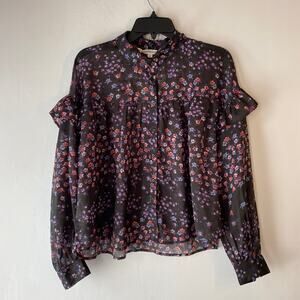Happy Hippie NWT Floral Ruffle Semi Sheer Button Up Blouse Sz L‎ Cottagecore